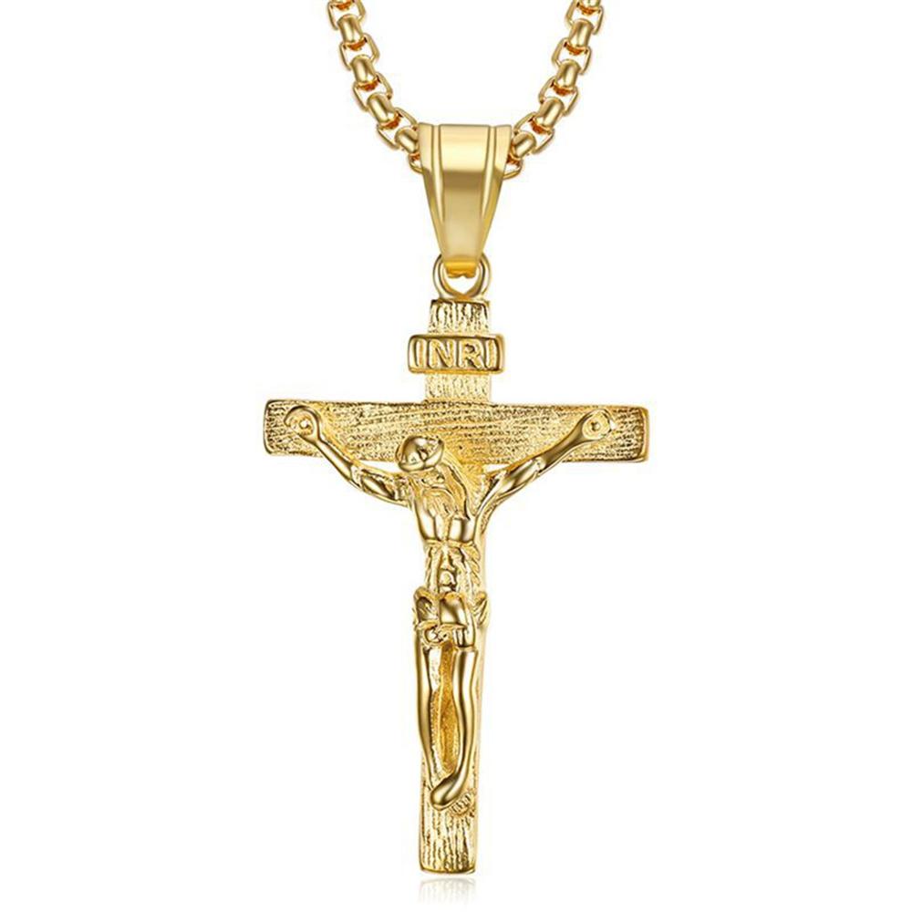 Religious Christ Jesus Cross Pendant Gold Silver Color Stainless Steel Christian Crucifix Necklace for Men Women Jewelry Gift