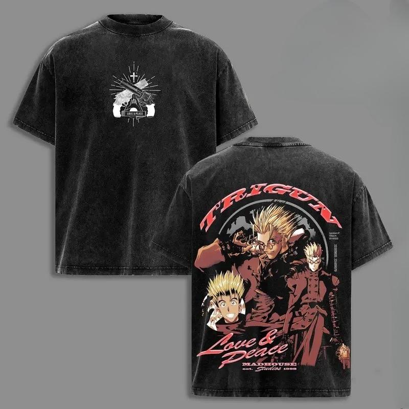 

Vash The Stampede Trigun Anime Clothing Men Women Oversized T-shirts Short Sleeve Washed T Shirt Cotton Tshirt Harajuku Tops S чёрный