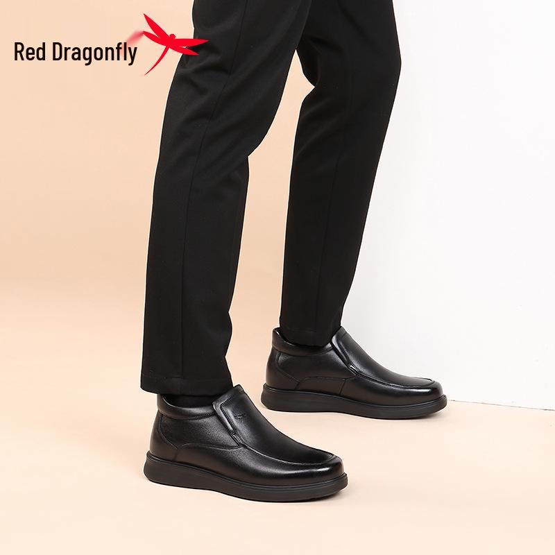 Red Dragonfly Men's High-Top Winter Leather Shoes - Casual and Business Plus Velvet Cotton Lining