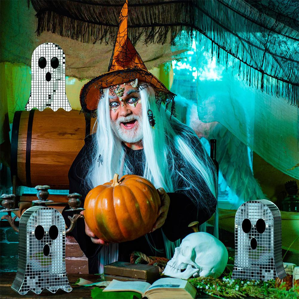 3Pcs Halloween Ghost Disco Ball Table Decoration 6inch Mosaic Horror Table Centerpiece Ghost Tiered Tray Decor for Party Gift
