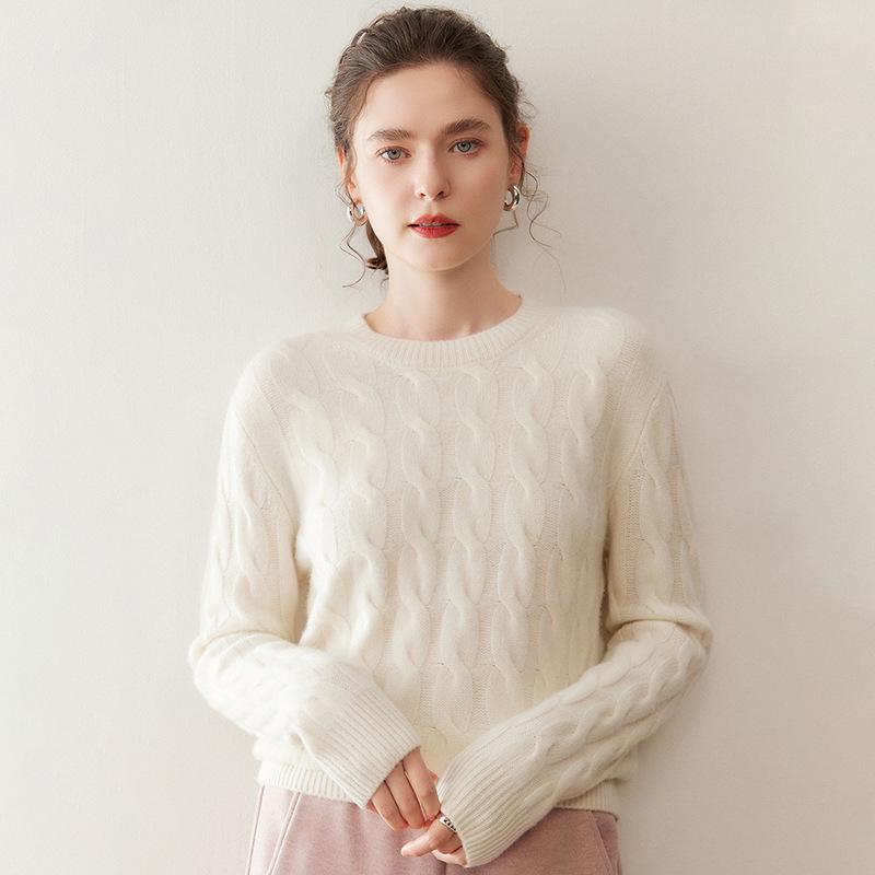 Women's Round Neck Cable Knit Cashmere Sweater - Thickened and Loose Fit for Autumn/Winter