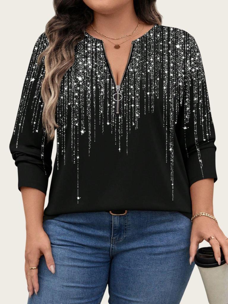 Plus Size Color Block Stripe Loose Casual Long Sleeve Top with Half-Zip Round Neck for Women.