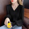 Spring Autumn New Spliced Knitted Top Women's V-neck Long Sleeve Knittwear T-shirt Solid Color Bottoming Shirt