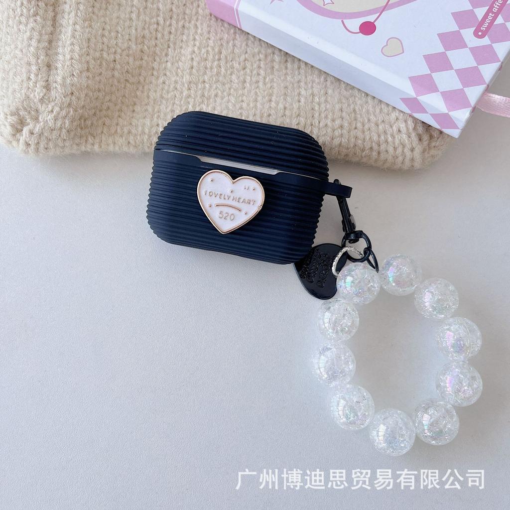 New Apple Silicone Horizontal Stripe Earphone Case Small Fresh Hand Beads + Silicone AirPods Pro1 Love + Hand Beads