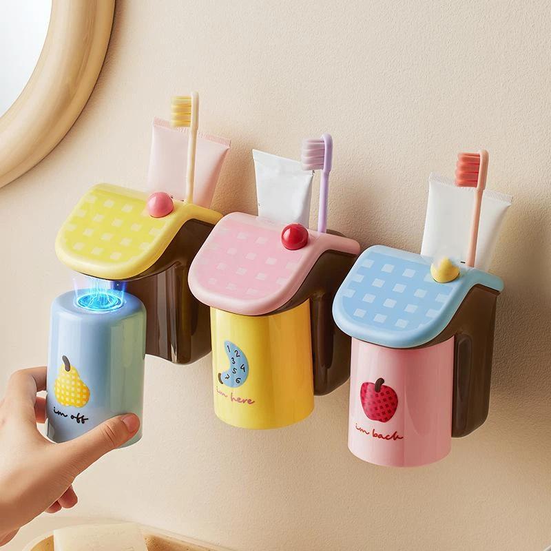 1 Set House Shape No Drill Magnetic Wall Mounted Toothbrush Cup Holder Bathroom Storage