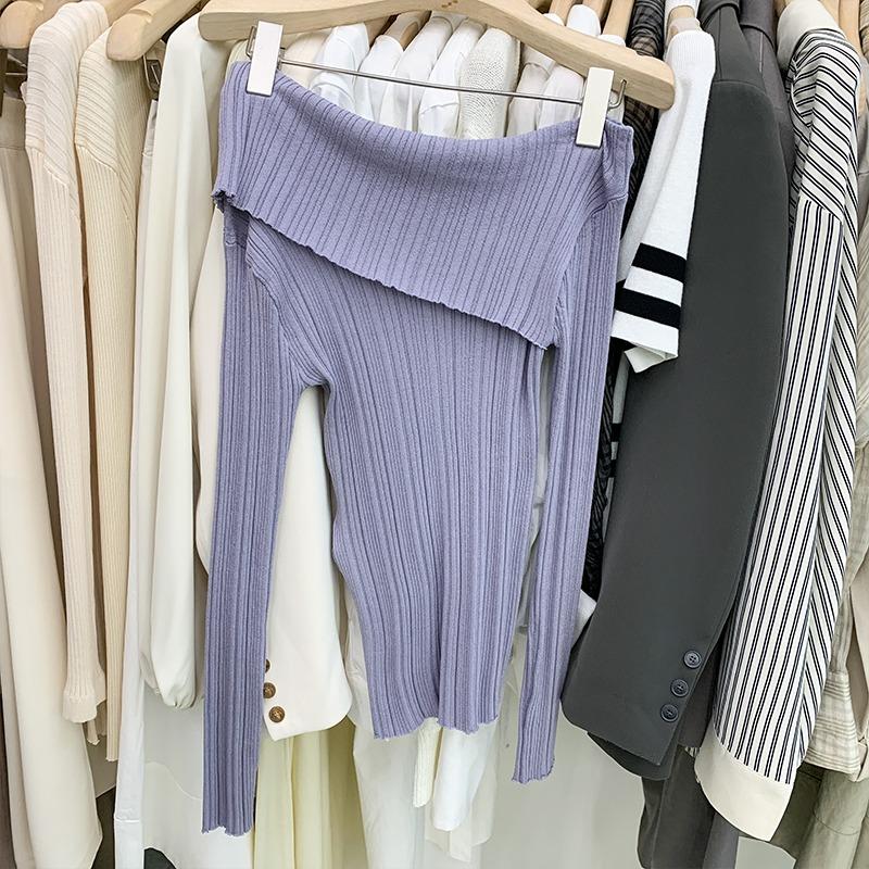 Elegant Off-the-shoulder Pullover Sweater Women Fashion Solid Color Simple Long Sleeve Tops Inner Casual Slim Fit Basic Long Sleeved Bottoming Shirt