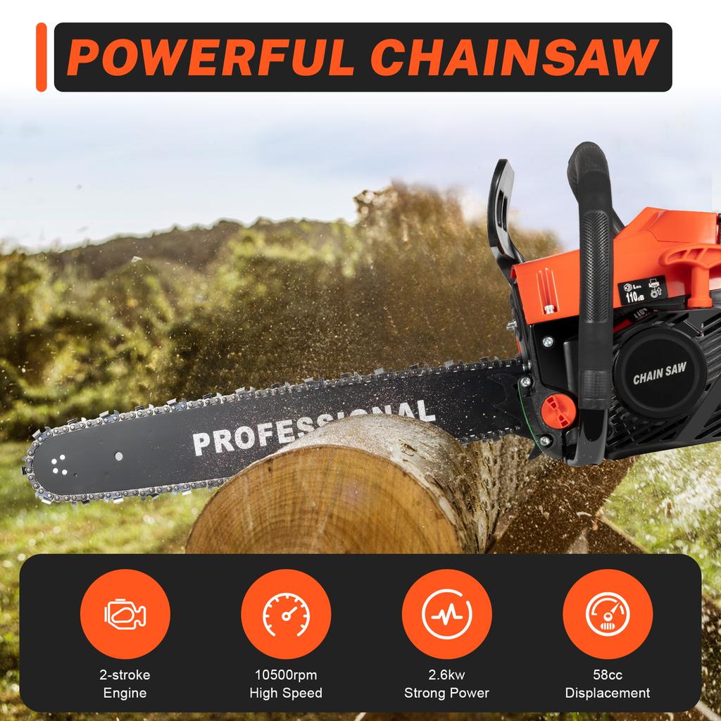 20in Gasoline Chainsaw Single Cylinder Air-cooled 2 Stroke Manual Starting 2.6kw Cordless for Wood Cutting