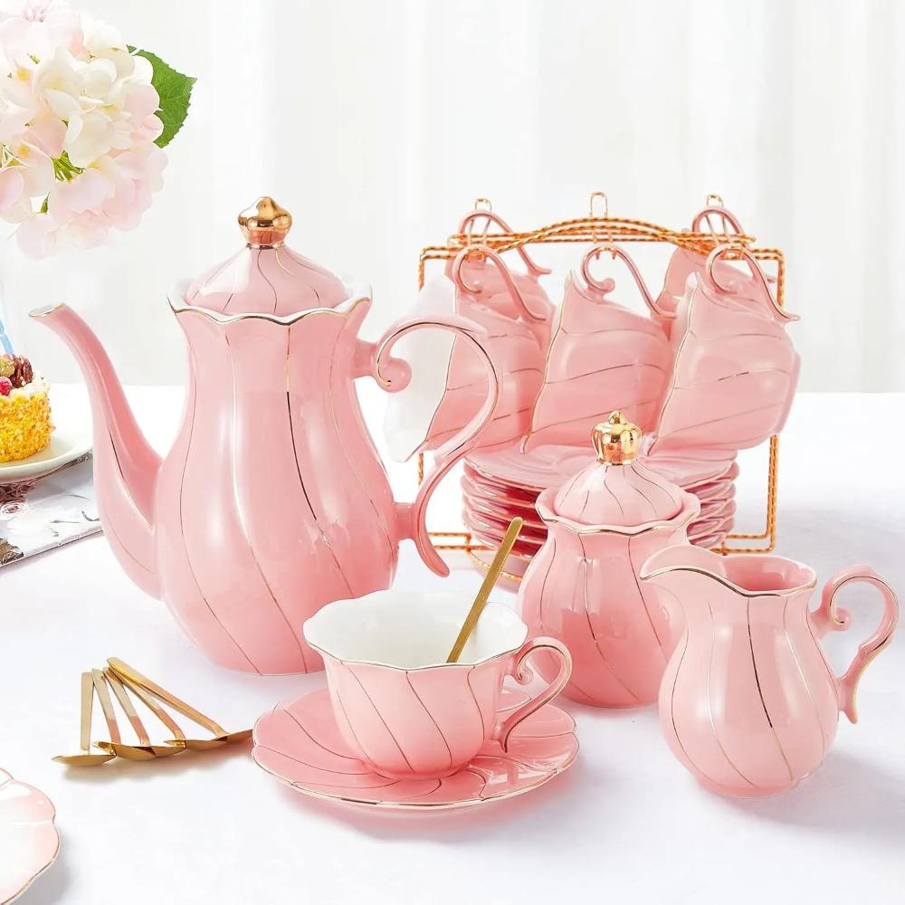22 pcs Porcelain Tea Set for 6, Luxury British Style Tea/Coffee Cup Set with Golden Trim, Beautiful Tea Set for Women