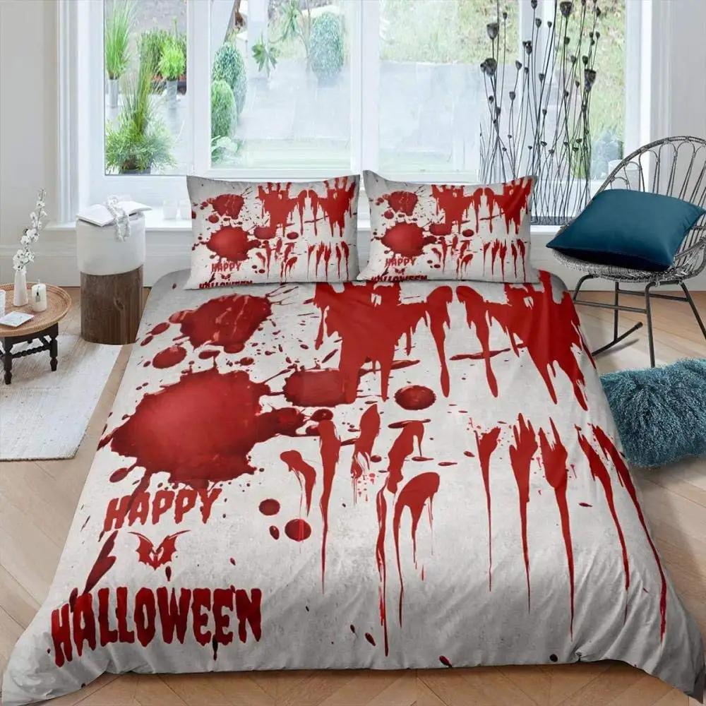 Halloween King Queen Duvet Cover Horror Blood Hand Bedding Set For Teens Scary Red Blood Stains 2/3pcs Polyester Quilt Cover
