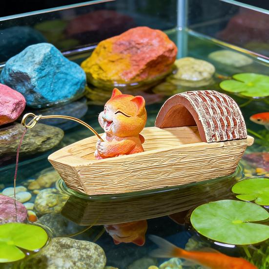 Floating Fishing Cat Figurine Black Awning Boat Cartoon Cat Statue Resin Sculpture Fish Tanks Aquarium Micro Landscaping Decoration Ornament