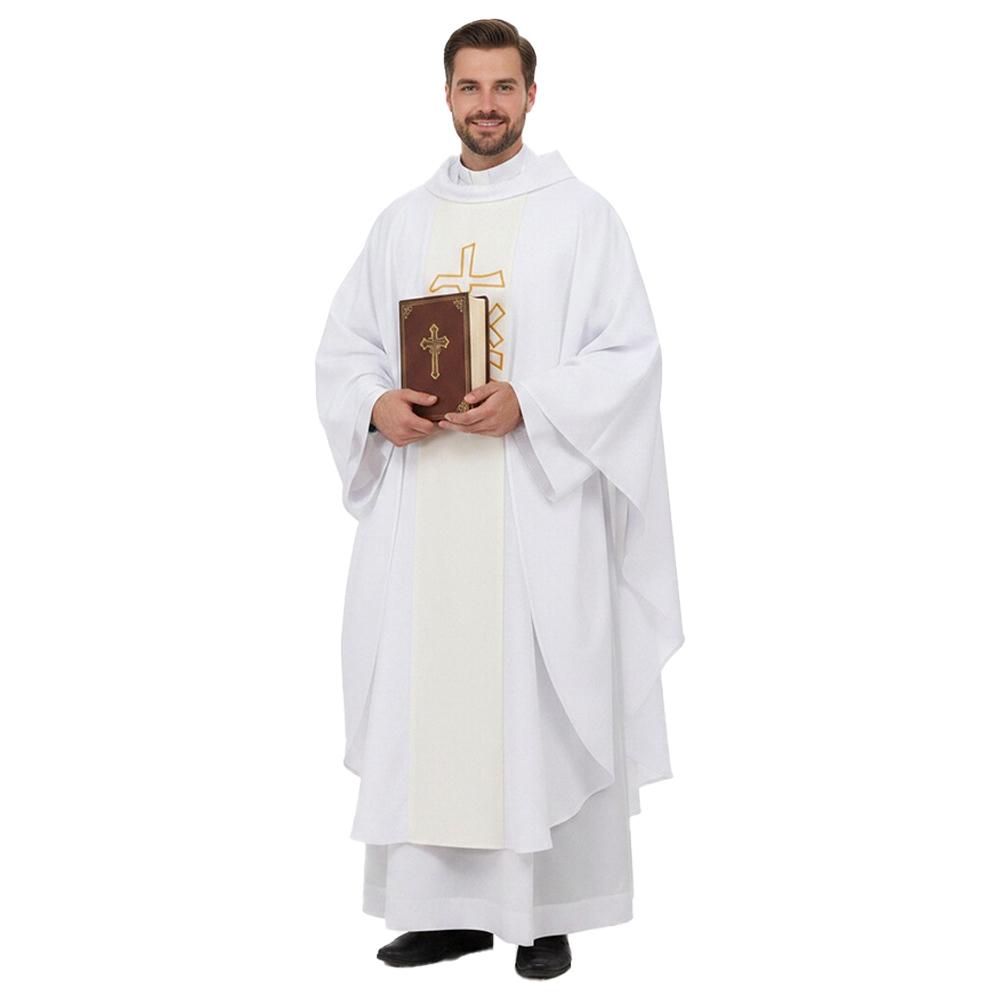 Priest Costume Robe Catholic Church Religion Christ Pastor Clergy Men Cape Robe Mass Vestments Printed Robe Halloween Costumes