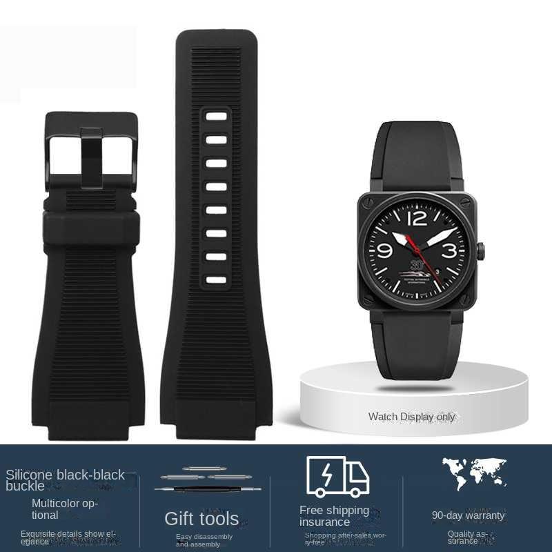 

For Bell Ross B&R BR-01 BR-03 Men Genuine leather watchband cowhide 35-24mm convex silicone rubber waterproof watch strap Tool 34mm-24mm