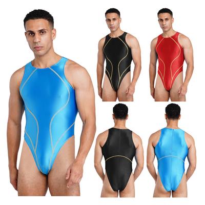 S-XXL Men‘s Oil Shiny High Cut Bodysuit Swimsuit Color Block Seams Sleeveless One Piece Beach Sunbathing Wear