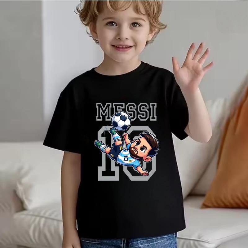 Unisex T-shirt voor Kinderen met Korte Mouwen - Voetbal Supersterren Print (Messi & CR7), Zomer Katoen Ronde Hals