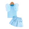 Sweet Sky Blue Girls Mesh Sleeve Top Bowknot Half Skirt Set