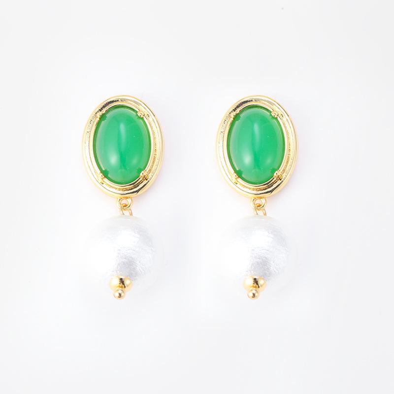 French Baroque Natural Green Agate Cotton Bead Earrings