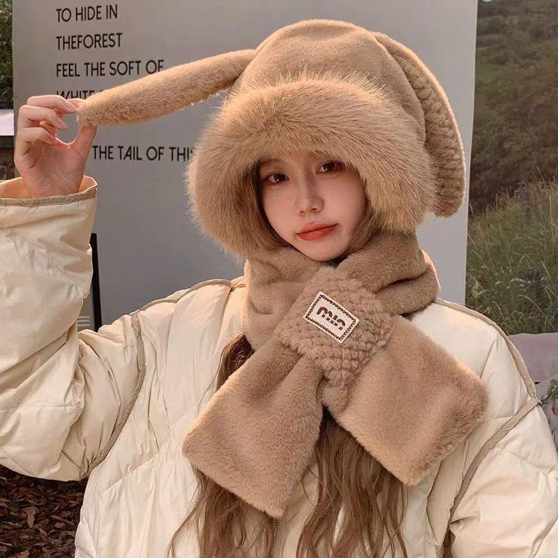 

Зимняя новая шляпа-миллинер с плюшевыми кроличьими ушками, шарф-интеграция, зимняя защита ушей, ветрозащитная маска-шарф