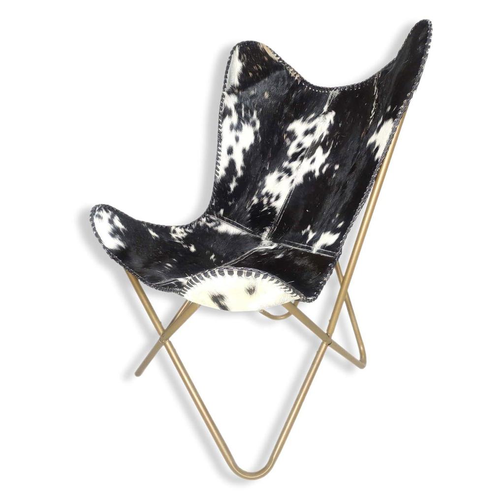 Păr Alb-Negru Pe Scaun Fluture din Piele - Suport Confortabil pentru Brațe Scaun Fluture de Living – cu Cadru din Fier Acoperit cu Pulbere Aurie