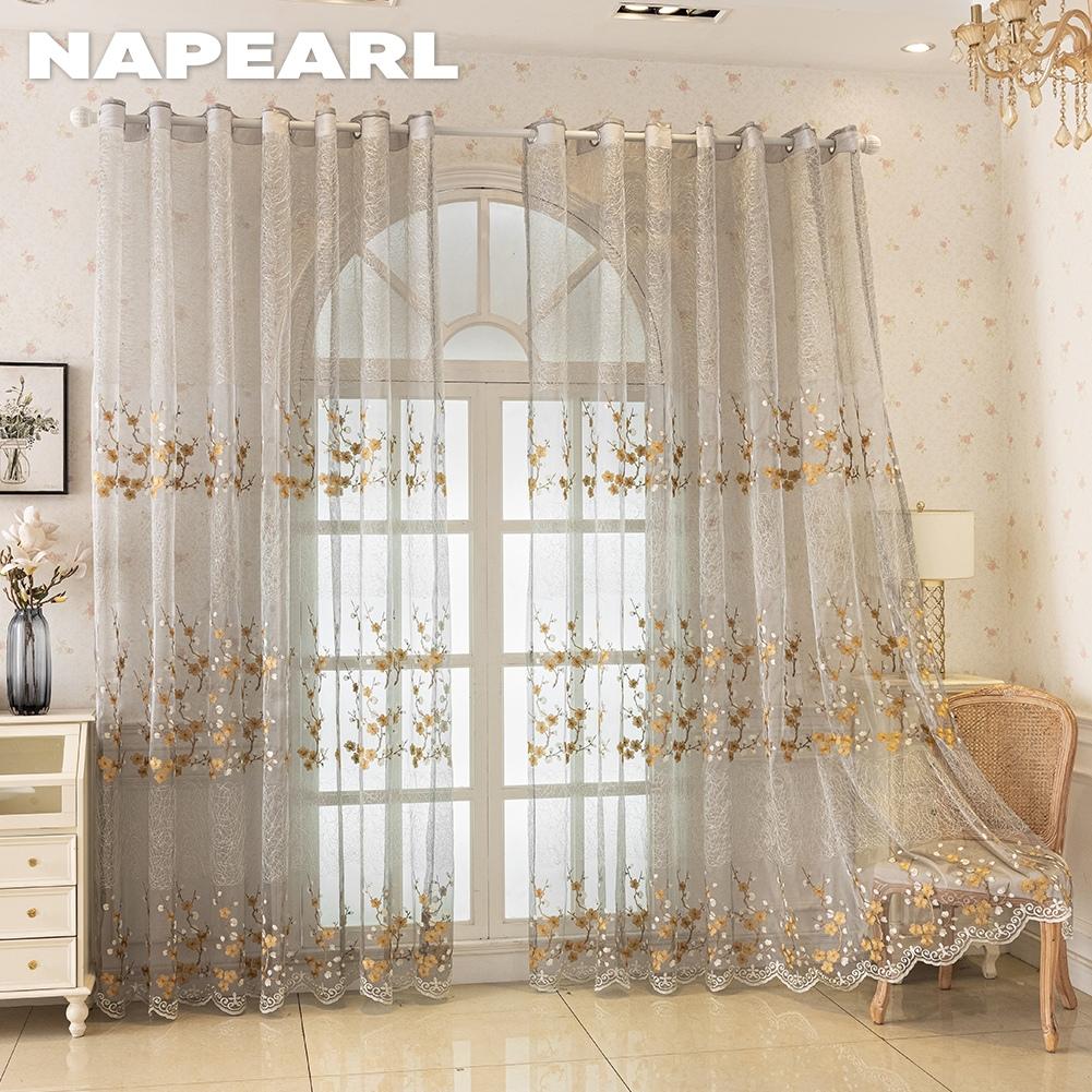 1PC NAPEARL European Retro Embroidered Sheer Curtain, Plum Blossom Pattern Transparent Curtain for Living Room Bedroom Balcony Window Home Decor