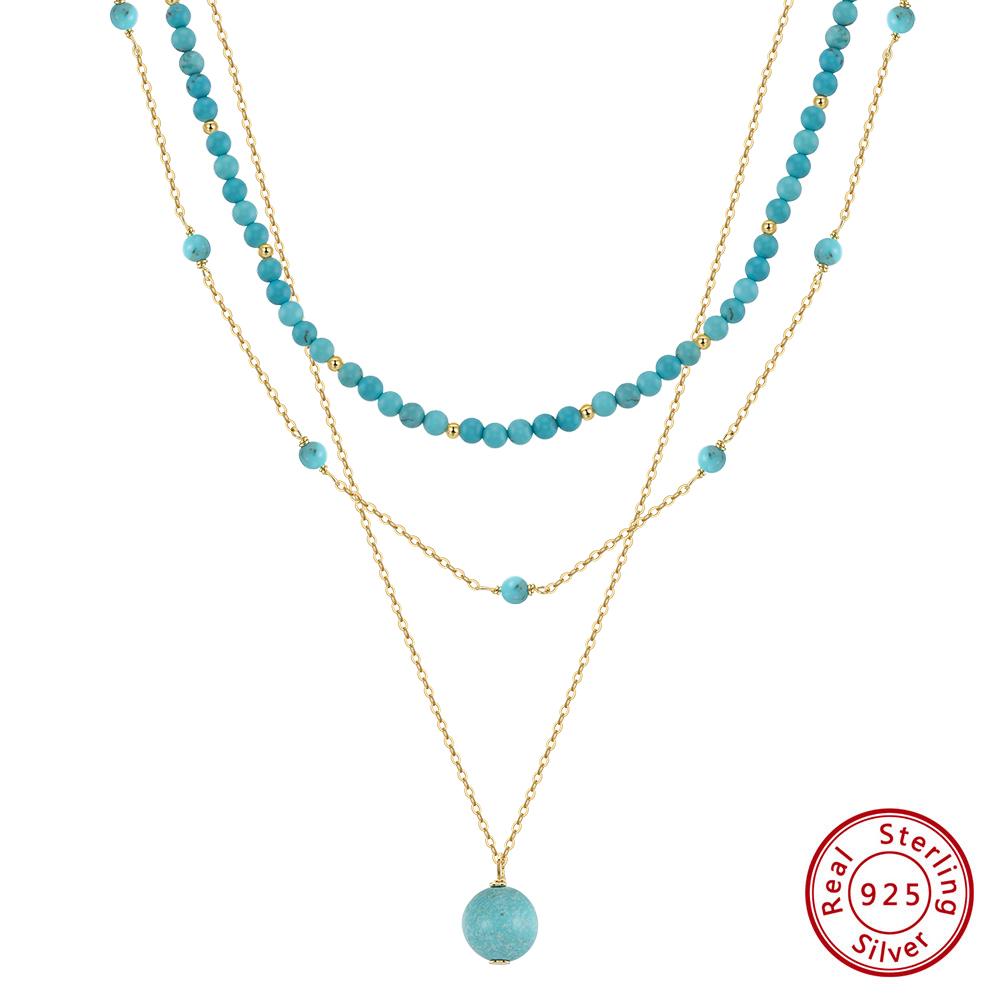 EFFIE QUEEN Trendy 925 Sterling Silver Layer Chain Necklace Turquoise Stone Pendant Choker Chain Daily Fine J ewelry Gift BQN33