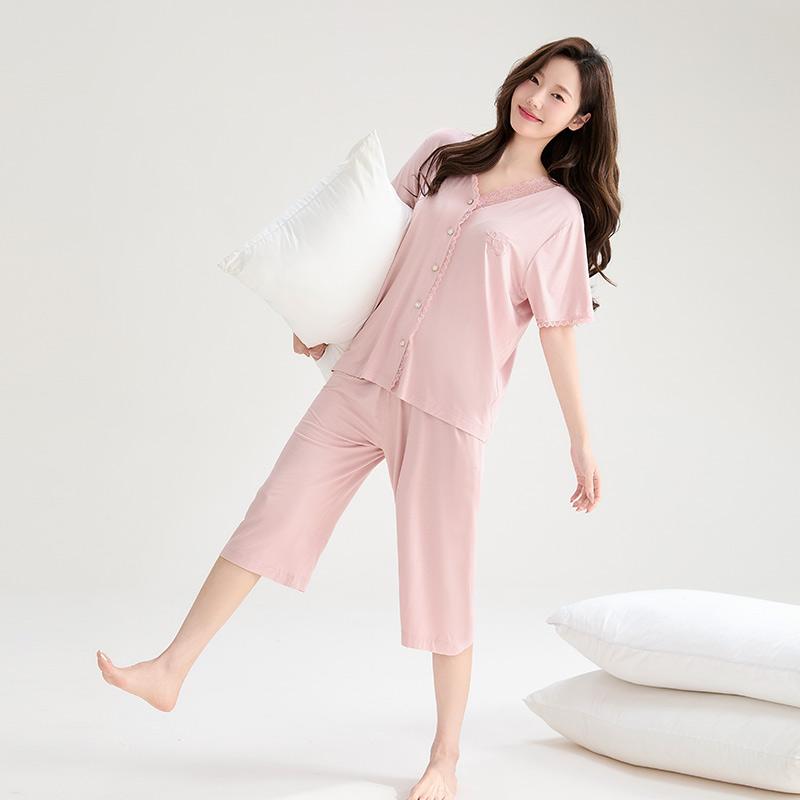 Fenteng [Soft Blended] Summer New Lace V-neck High End Short Sleeve Seven Leg Pants Home Clothes Set Women's Pajamas