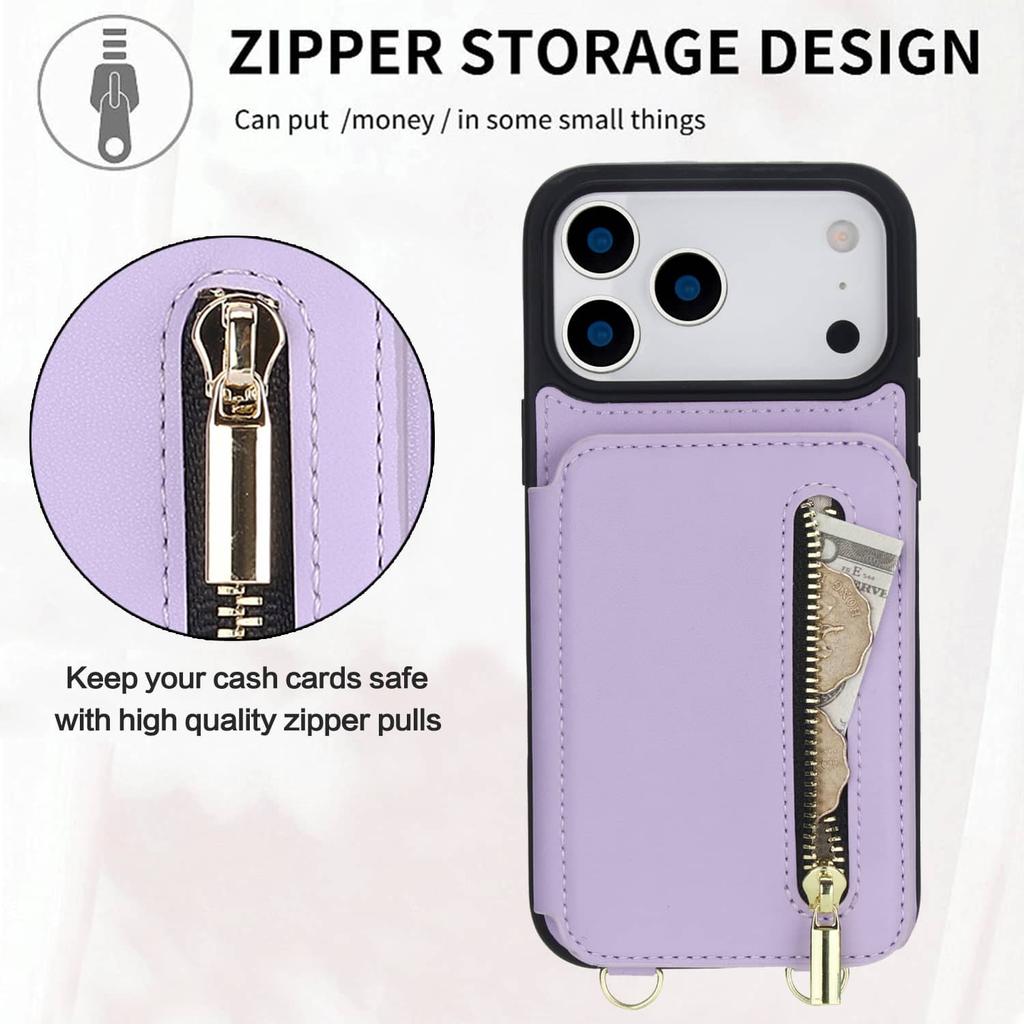 Zipper Wallet Case for iPhone 17/16e/16 Pro Max iPhone Air Women Crossbody Purse Credit Card Holder Lanyard Flip Kickstand Cover
