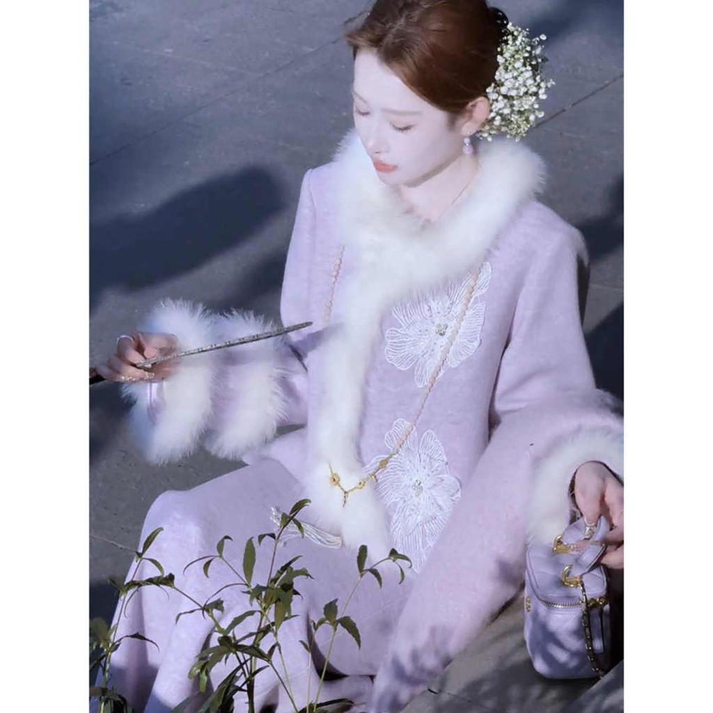 2025 Winter Women's Chic Furry-Trim Chinese Style Jacket & Skirt Set