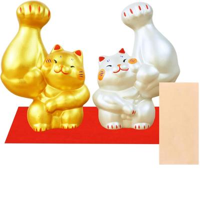 Osaka Choseido Ceramic Figurine with a Free Original Wooden Tag In Gold and 13cm Maneki-neko (Sent Separately). Strong-Armed Maneki-neko Silver, Tall.