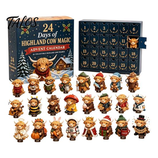 Miniature Animal Hanging Pendants 24 Days of Highland Cow Magic Advent Calendar, Unique Mini Tiered Tray Christmas Decor Figures, Farmhouse