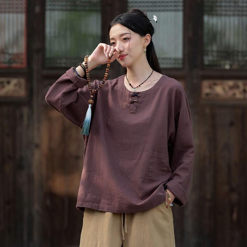 

Johnature Женские Винтажные Футболки Пуговицы Пэчворк Карманы Осень Длинный Рукав Одежда Однотонные Футболки One Size кофейный