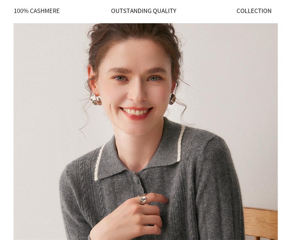 Women's Cashmere Color Block Polo Collar Hand-Crocheted Pullover Sweater for Autumn & Winter