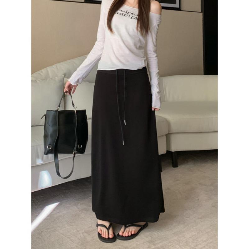 Women Korean Style High Waist Drawstring Skirt Split Hem A Line Long Hip Wrap Skirt Spring Autumn Versatile Flowy Skirt