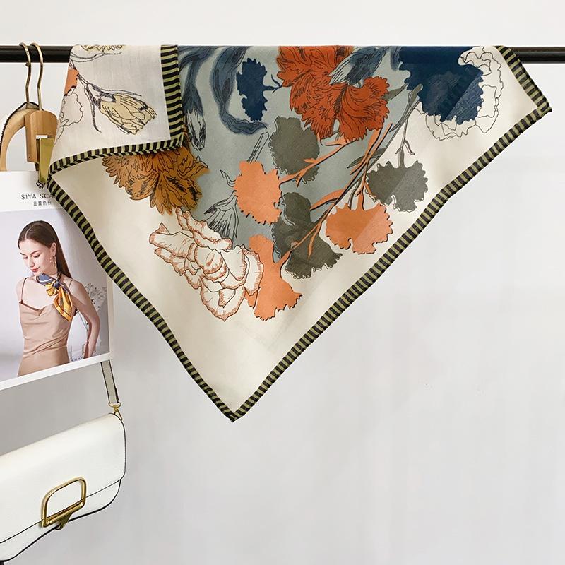 Light luxury Japanese and Korean artistic plant floral print herringbone square scarf for women, high-end holiday gift paired with silk scarves