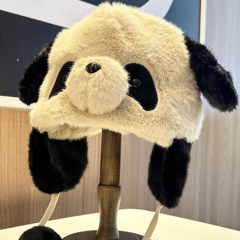 Cute three-dimensional panda furry children autumn and winter cartoon warm windproof face small ear hat male cute