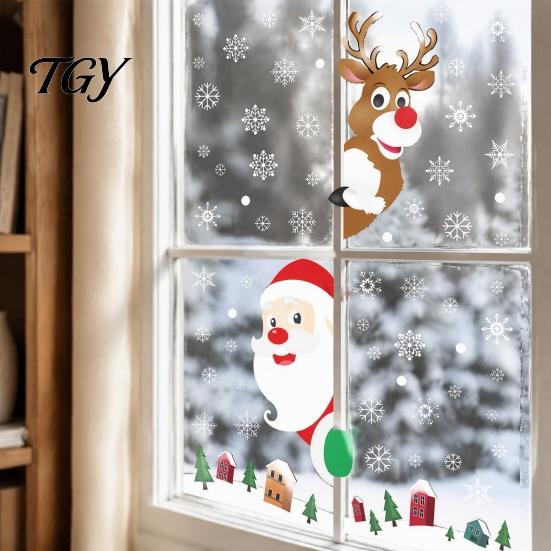 Holiday Party Supplies 4Pcs Christmas Santa Claus & Reindeer Static Window Clings with Snowflake, PVC Removable Decals, Stickers Reusable Glass