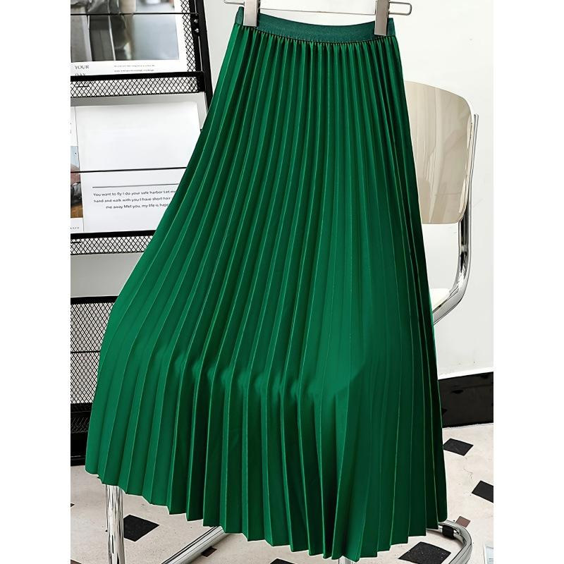 Women's Boho Satin Metallic Pleated Skirts Elastic High Waist Flowy A Line Skirt High Elastic Waist Pleated Chiffon Skirt Midi Swing A-line Skirts