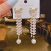 S925 Sterling Silver Korean Style Zircon Bow & Pearl Long Tassel Earrings for Women - Light Luxury Fairy Design