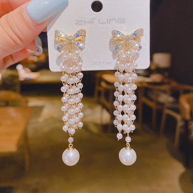 S925 Sterling Silver Korean Style Zircon Bow & Pearl Long Tassel Earrings for Women - Light Luxury Fairy Design