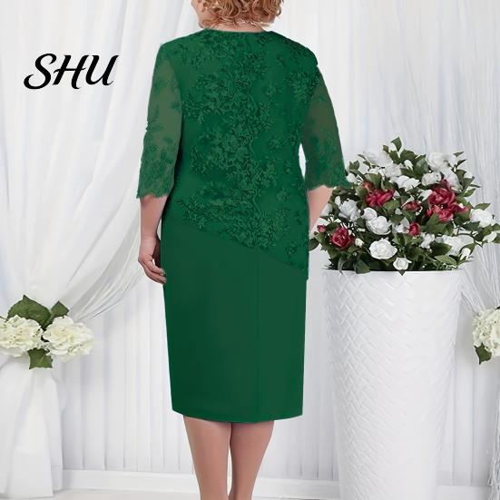 Abito con Maniche a Metà Donna Taglie Forti Ballo Scollo Tondo Manica a Metà Ricamo Pizzo Scollo Rotondo Patchwork Floreale Finto Due Pezzi Festa di Matrimonio Grande