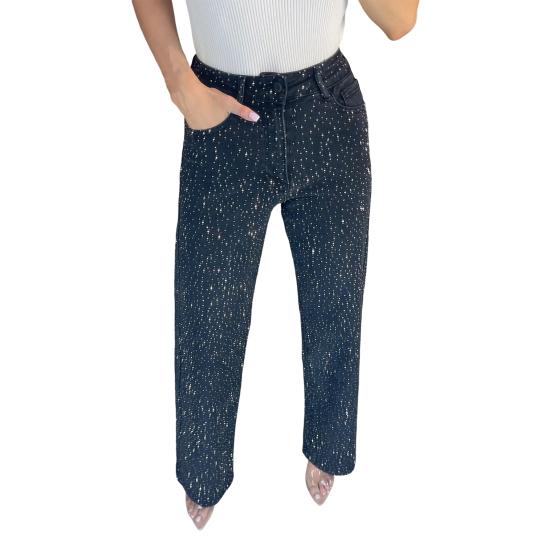 Faux Pearl Jeans for Women High Waist Straight Leg Stretch Denim Pants Casual Wide Leg Beaded Baggy Pants