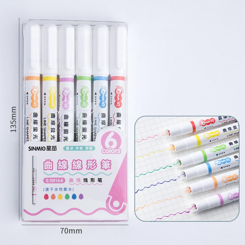 6pcs Line Shaped Highlighter Pen Multi Color Roller Tip Curve Liner Marker Highlighter Novelty Stationery School