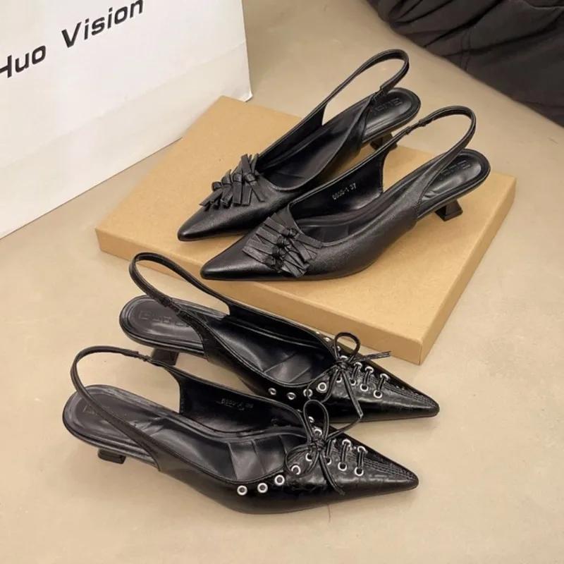 Fashion 2025 New Summer French Black Pointed Bowknot Mid-heel Overhead Sandals for Women Elegance Skinny Heel Back Empty Shoes