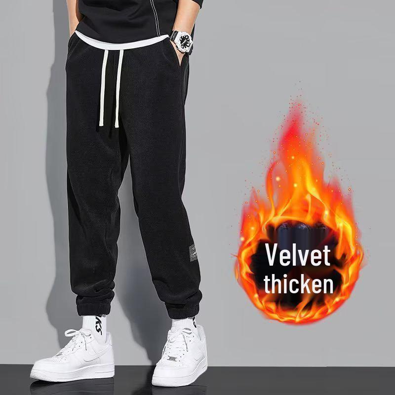 Men's Thickened Fleece-Lined Casual Pants, Drawstring Ankles, Loose Fit, Trendy Autumn/Winter 2023 Style.