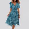 Women's Fashion Casual V Neck Short Sleeve Ruffled Vintage Printed Dresses