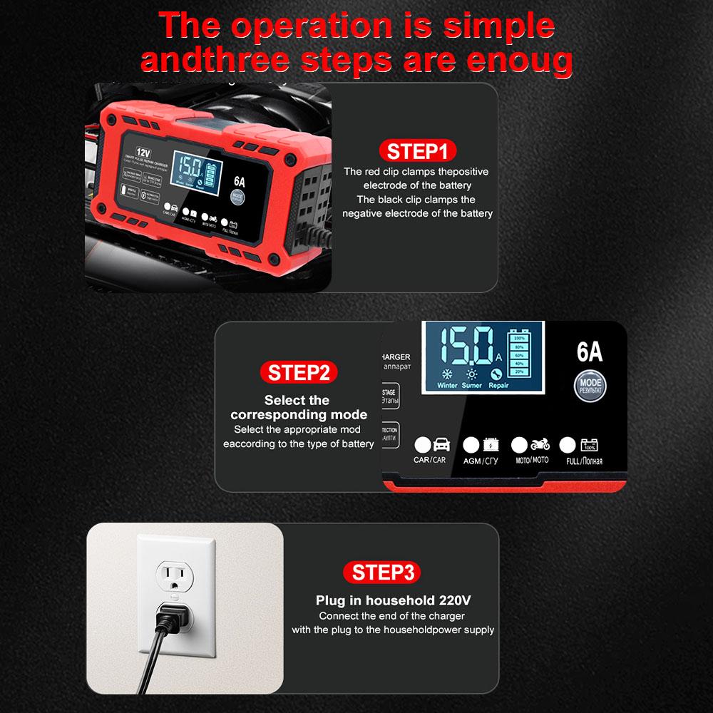 Portable Battery Maintenance SUV 12V 6A Car Motorcycle Battery Charging Intelligent Pulse Repair Lead-Acid Smart Battery Charger