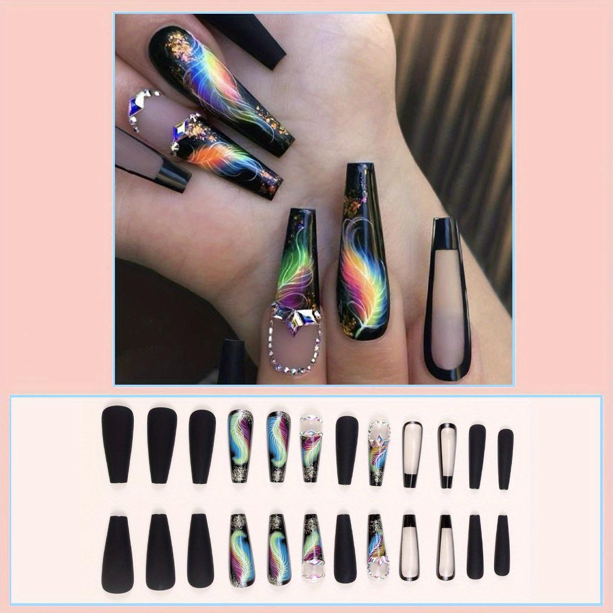 

24 шт. градиентных перьевых накладных ногтей - длинные акриловые накладные ногти в форме балерины для женщин и девочек - французские черные глянцевые накладные ногти Long