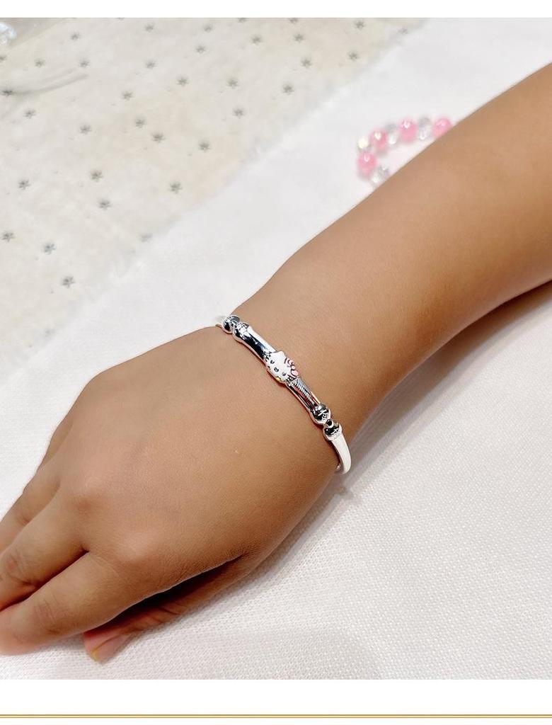 Sterling Silver Kitten Bracelet for Girls (Ages 4-15) - Medium/Large, Perfect for Children's Day