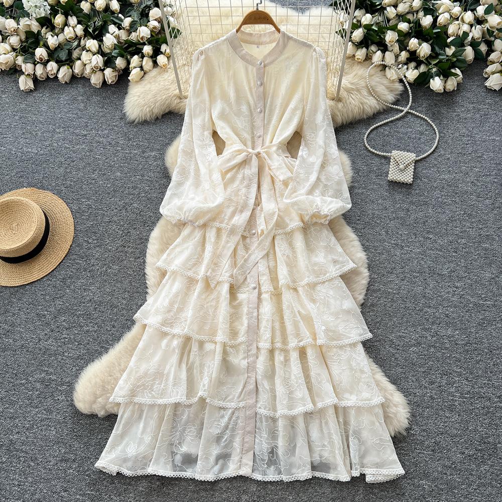 French high-end temperament lace splicing strap waist ruffle edge dress women's autumn thin elegant long skirt