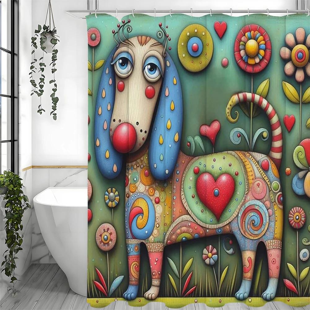 Cute Cartoon Dog Flower Love Shower Curtain, Bathroom Decorative Shower Curtain, Waterproof  with HooksCute Cartoo
