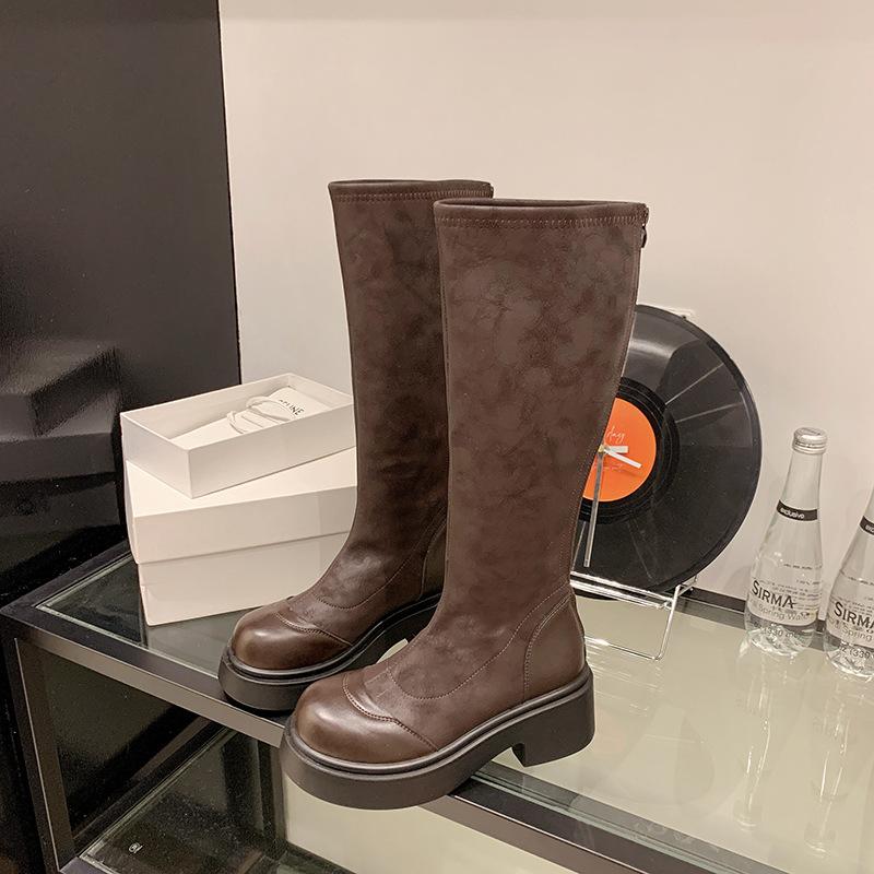 

Сапоги Женские 2025 Осень и Зима Новые Замшевые Сапоги на Высоком Каблуке Черные Эластичные Женские Сапоги На Толстой Подошве Сапоги Рыцаря 40 темно-коричневого